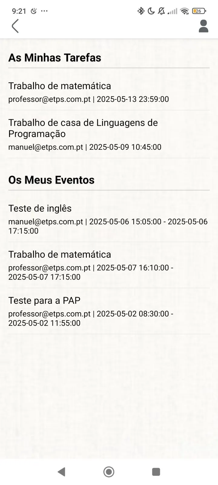 Tarefas e eventos